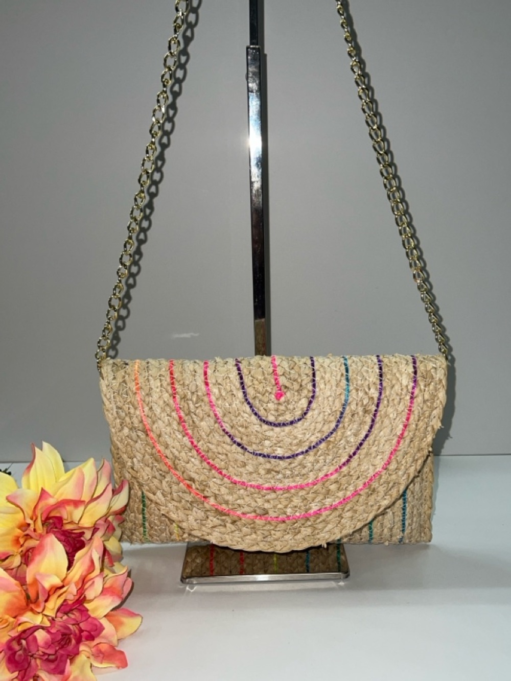 NWT SOL and MER Natural Straw Clutch Shoulder Bag with Multicolor Accents